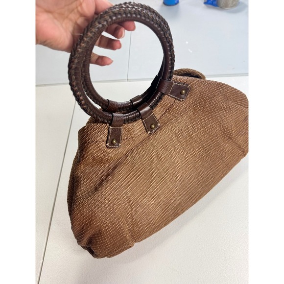 Fossil Brown Woven Circle Handle Satchel Bag Charm‎ Floral Interior - Picture 3 of 12